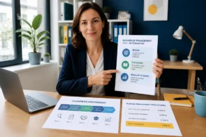 Professionnelle présentant un dossier pour financer une formation professionnelle, avec calendrier et tableau budgétaire sur le bureau