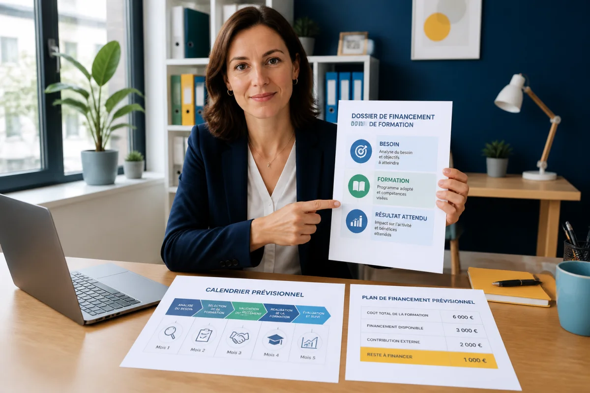 Professionnelle présentant un dossier pour financer une formation professionnelle, avec calendrier et tableau budgétaire sur le bureau