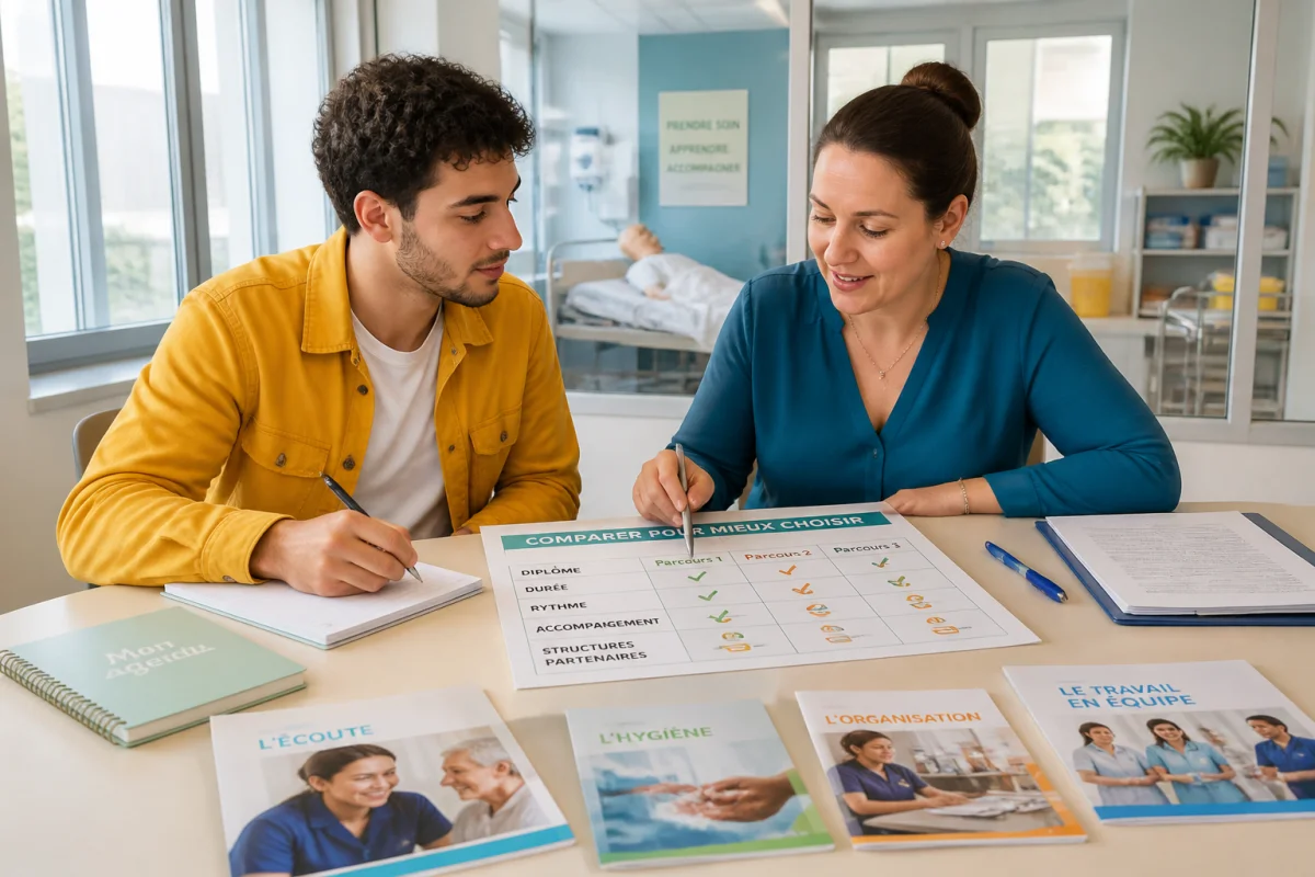 Candidat comparant une formation en alternance en santé avec une formatrice, autour de cinq critères de choix essentiels