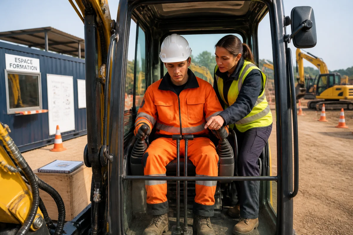 Apprenant guidé par une formatrice dans la cabine d’une pelle mécanique sur un chantier-école professionnel