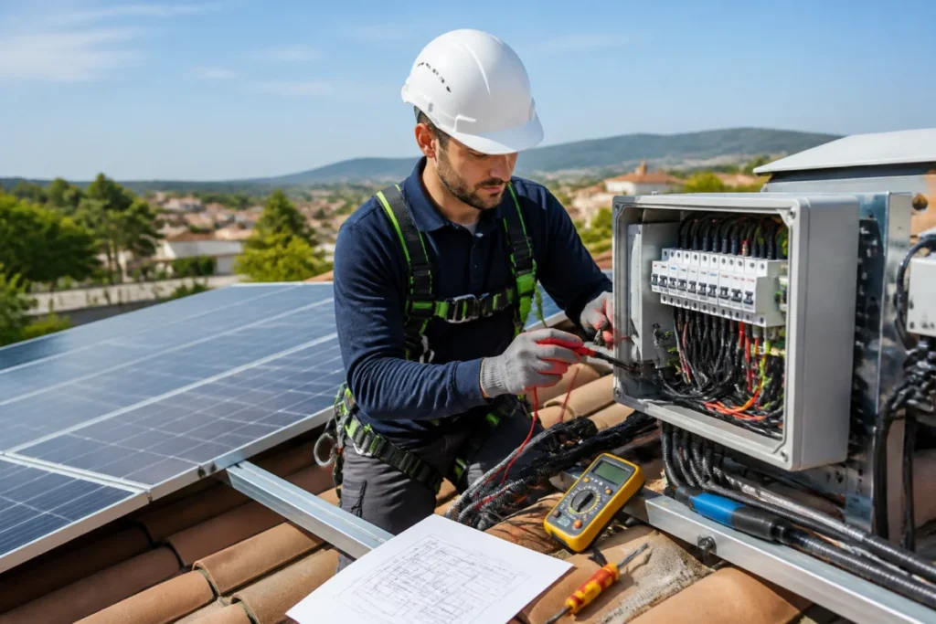 Installateur photovoltaïque en tenue de sécurité vérifiant le raccordement de panneaux solaires sur une toiture résidentielle.