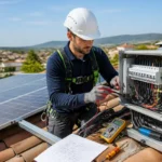 Installateur photovoltaïque en tenue de sécurité vérifiant le raccordement de panneaux solaires sur une toiture résidentielle.