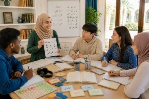 Institut Ibn Malik : apprenants étudiant l’arabe et les sciences islamiques avec une enseignante dans une salle conviviale.