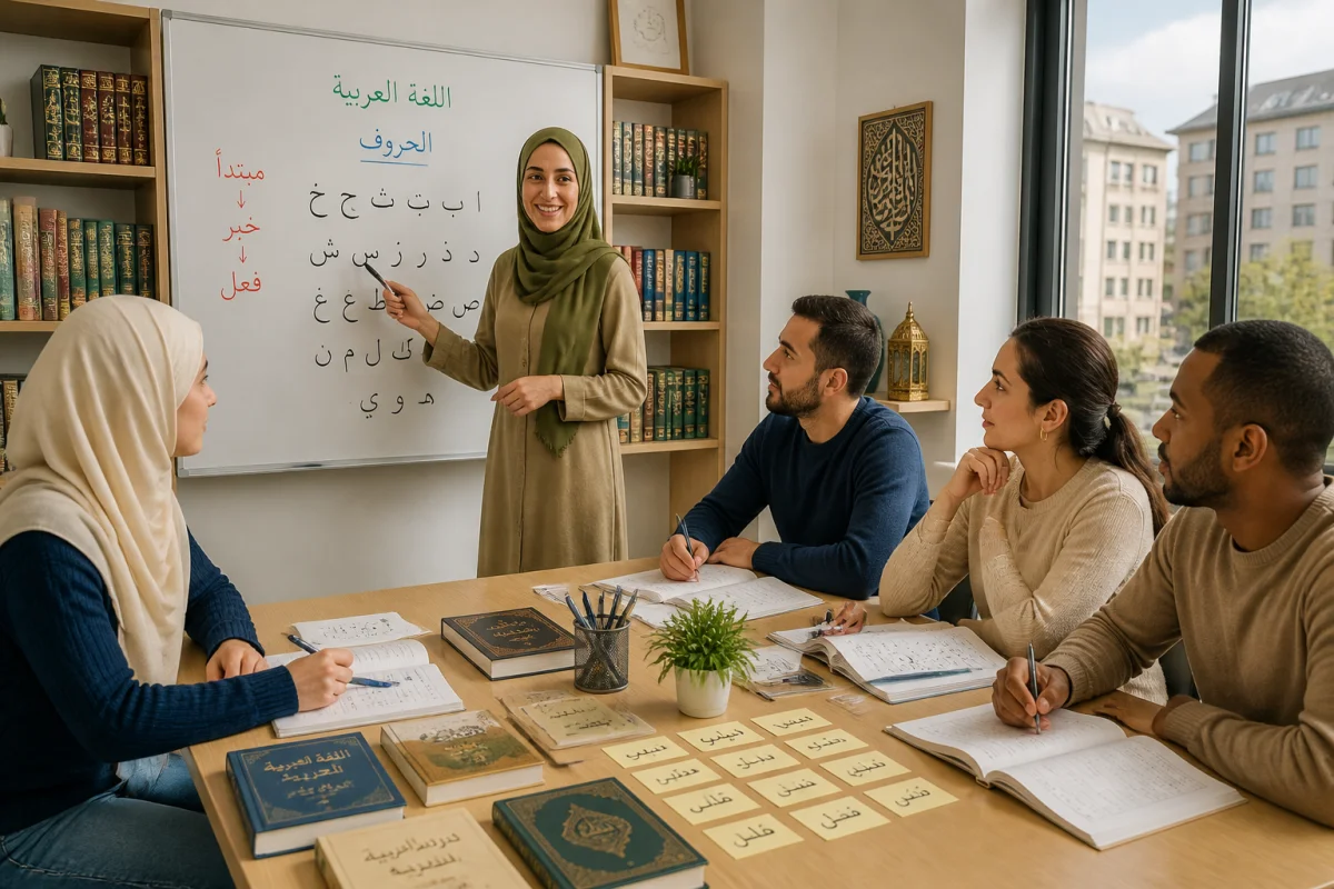 Étudiants adultes apprenant l’arabe avec une enseignante à l’Institut Ibn Malik, dans une salle de cours lumineuse à Saint-Étienne