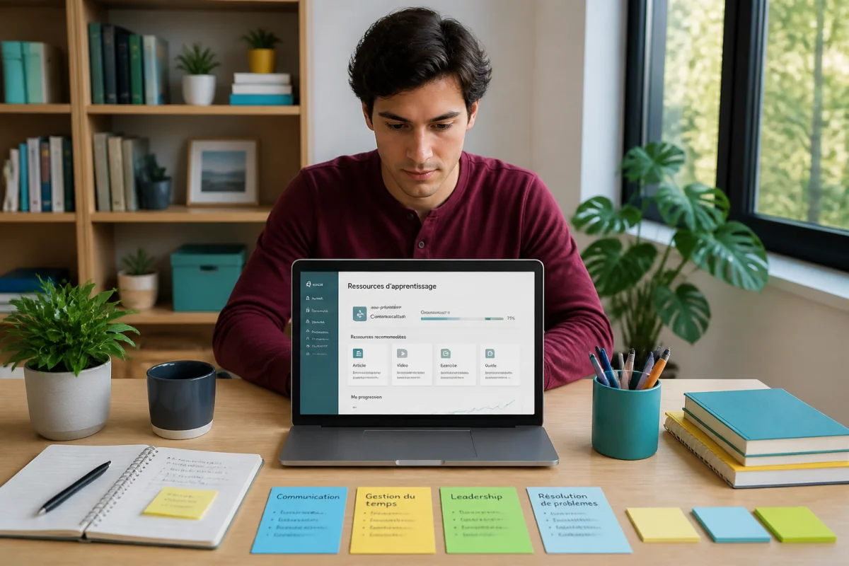 Jeune adulte organisant ses ressources d’apprentissage en ligne sur ordinateur avec Lernvid, dans un bureau lumineux et ordonné.