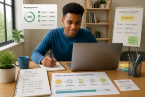 Apprenant organisant son apprentissage en ligne avec Lernvid, checklist, calendrier et progression affichée sur ordinateur