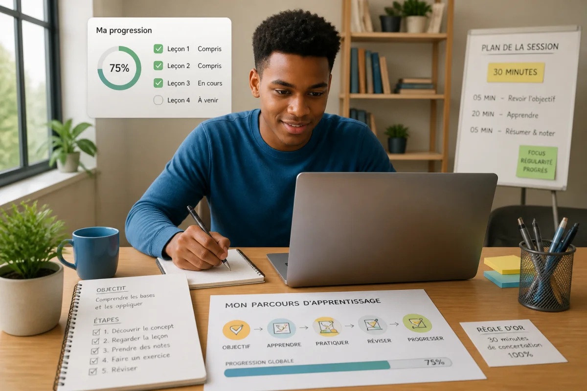 Apprenant organisant son apprentissage en ligne avec Lernvid, checklist, calendrier et progression affichée sur ordinateur