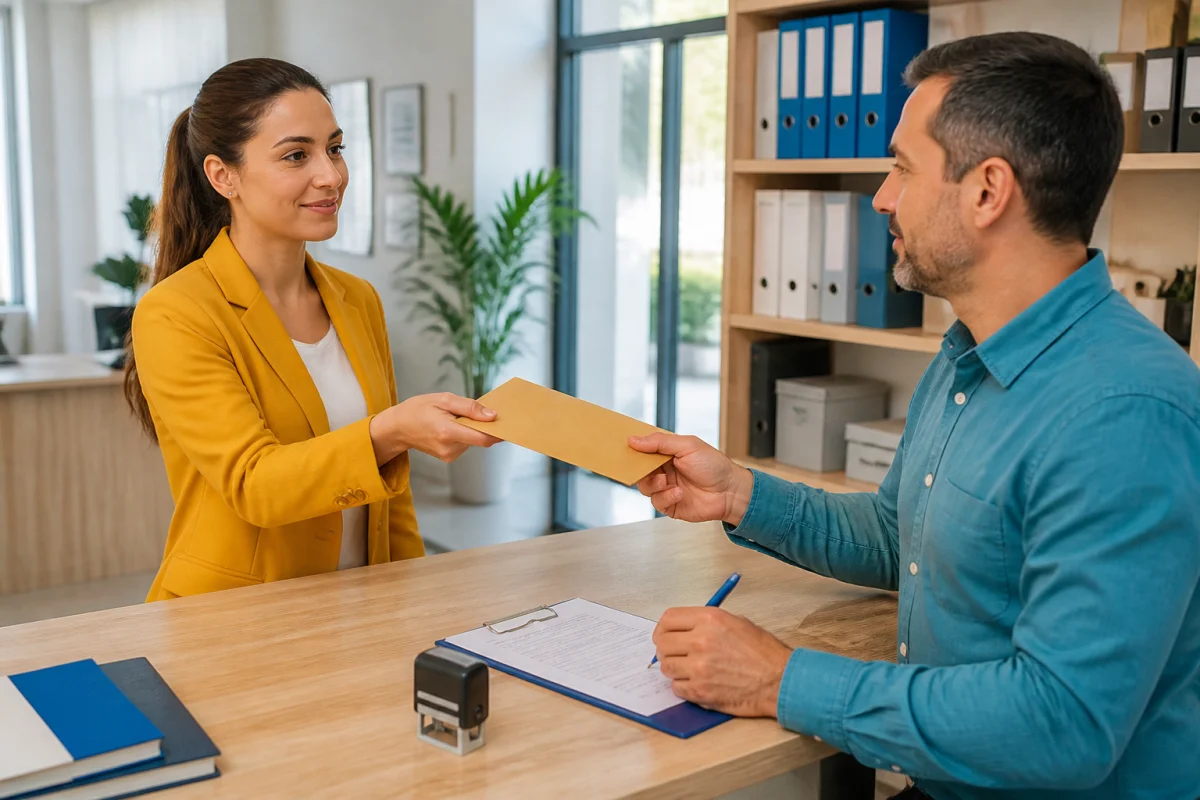 Salariée remettant une lettre de démission CDD pour CDI à un responsable, avec récépissé signé au bureau