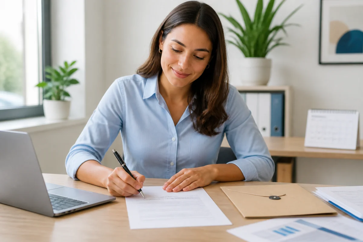 Personne rédigeant une lettre de démission de CDD pour accepter un CDI, dans un bureau lumineux et professionnel