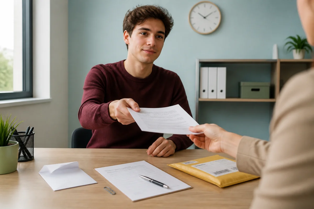 Étudiant remettant une lettre de démission CDI à son employeur, avec enveloppe recommandée et reçu daté sur le bureau