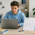 Étudiant salarié rédigeant une lettre de démission CDI étudiant sur ordinateur, avec modèle imprimé et fournitures de bureau.