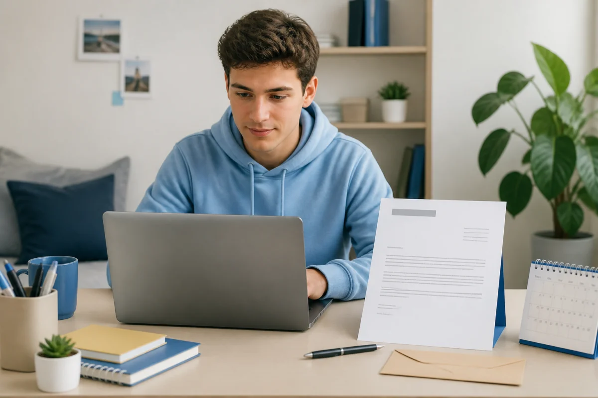 Étudiant salarié rédigeant une lettre de démission CDI étudiant sur ordinateur, avec modèle imprimé et fournitures de bureau.