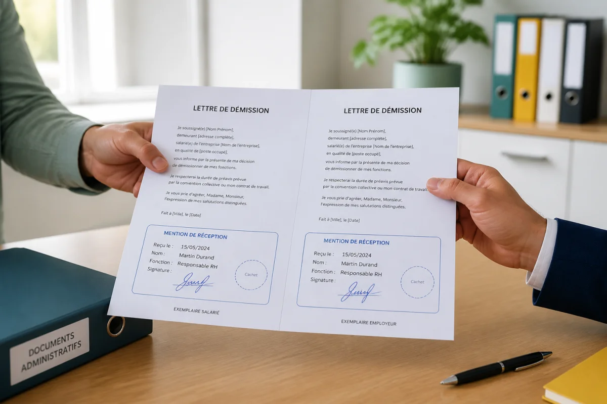 Lettre de démission contre décharge remise en mains propres, avec date, signature et mention de réception visibles