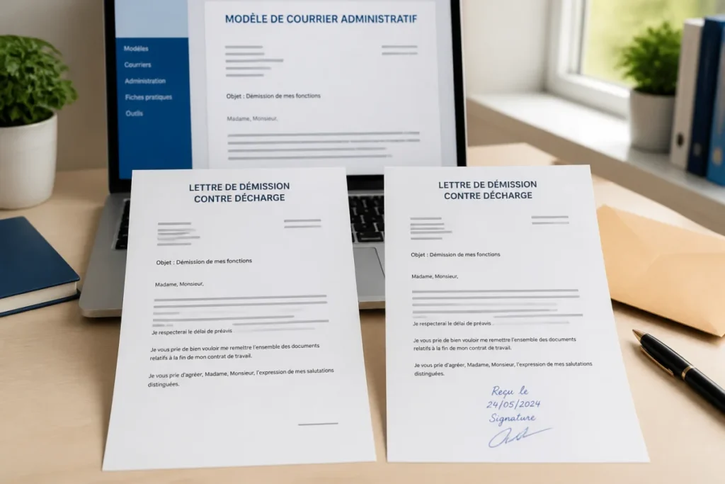 Lettre de démission contre décharge et exemplaire signé daté sur un bureau professionnel avec ordinateur, enveloppe et stylo.
