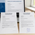 Lettre de démission contre décharge et exemplaire signé daté sur un bureau professionnel avec ordinateur, enveloppe et stylo.