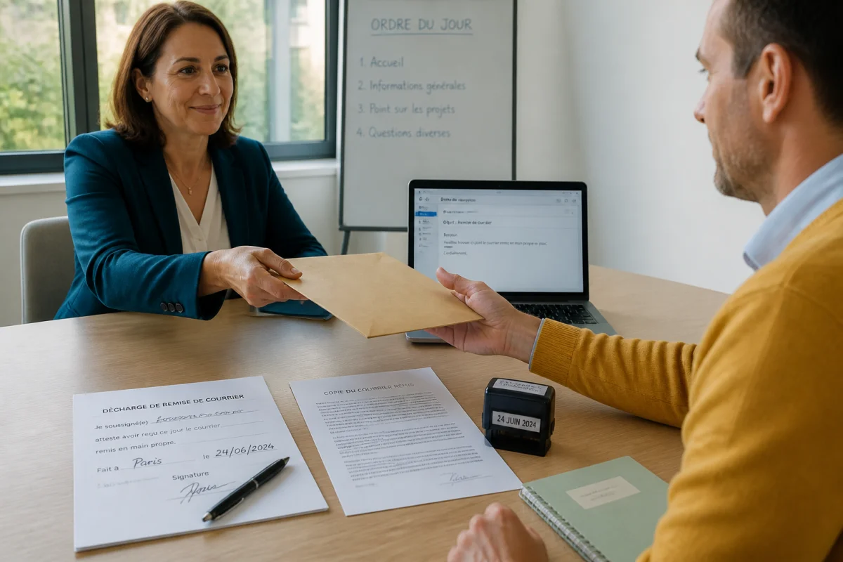 Remise officielle d’une lettre de démission du CSE avec décharge datée et signée lors d’une réunion professionnelle