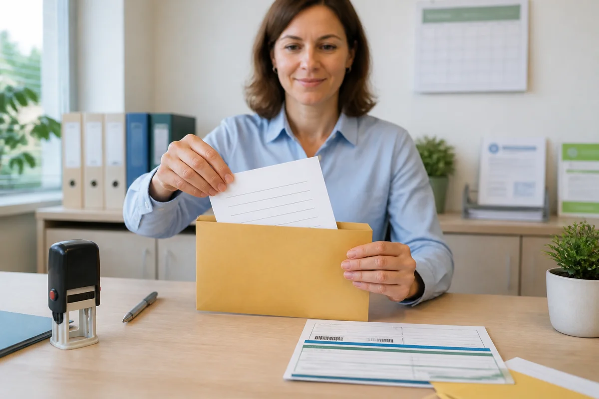 Agent public glissant une lettre de démission pendant une disponibilité dans une enveloppe recommandée, avec accusé de réception.
