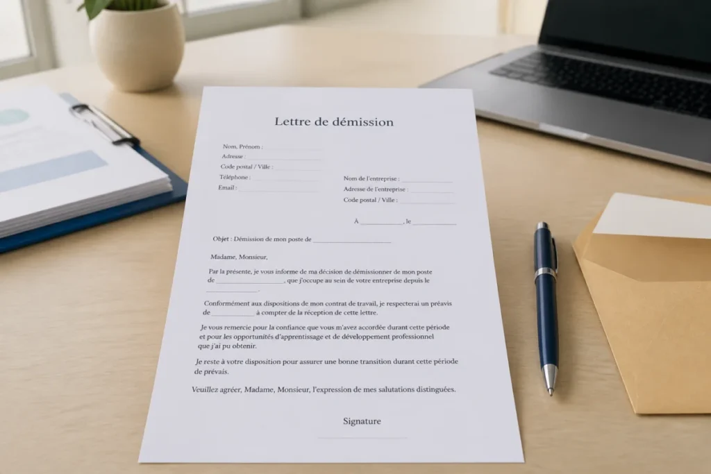Lettre de démission en droit local personnalisable, avec stylo sur un bureau administratif lumineux et organisé
