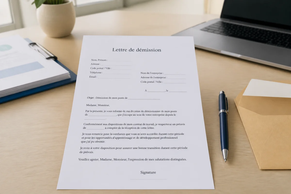 Lettre de démission en droit local personnalisable, avec stylo sur un bureau administratif lumineux et organisé