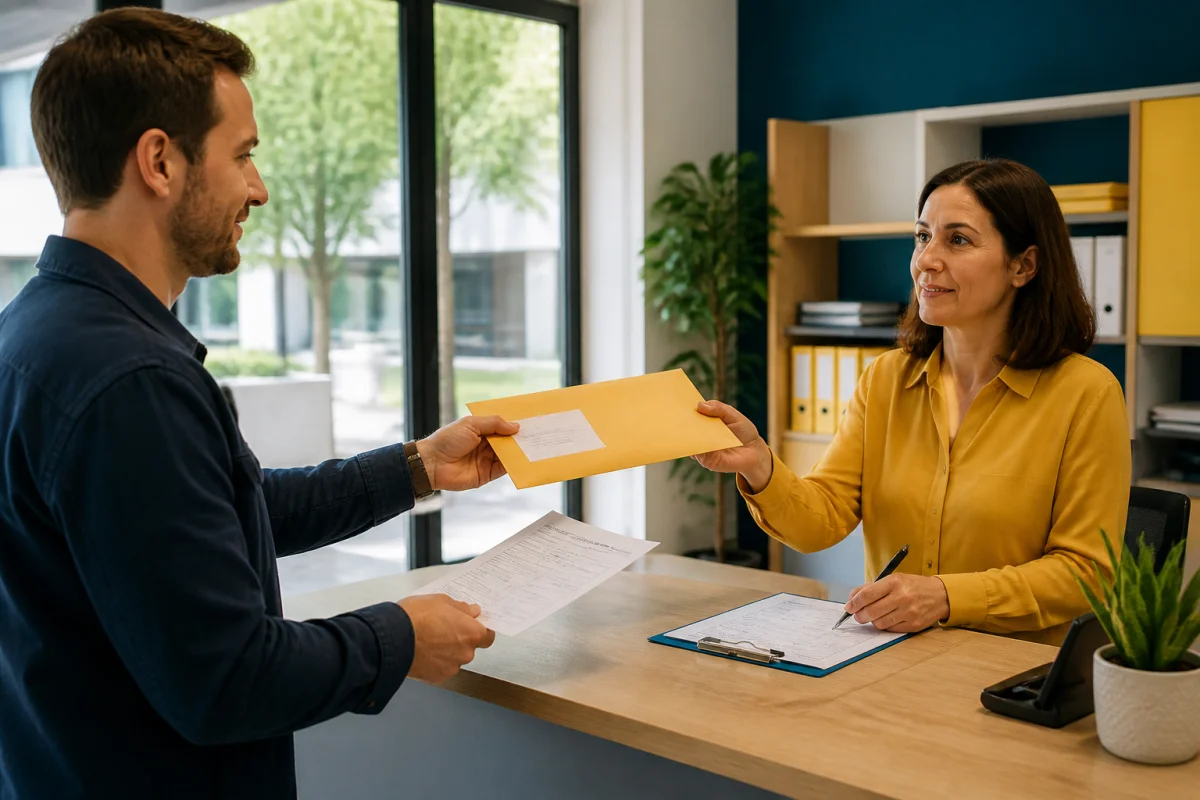Remise d’une lettre de démission en droit local avec enveloppe officielle et accusé de réception signé au bureau administratif