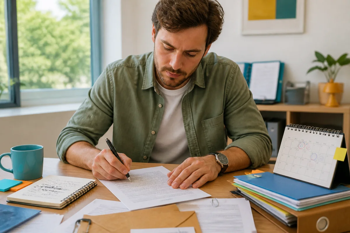 Salarié rédigeant une lettre de contestation après une démission forcée par l’employeur, entouré de documents juridiques