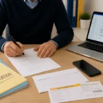 Salarié rédigeant une lettre de démission forcée par l’employeur, avec courrier recommandé et dossier de contestation sur bureau professionnel
