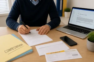 Salarié rédigeant une lettre de démission forcée par l’employeur, avec courrier recommandé et dossier de contestation sur bureau professionnel