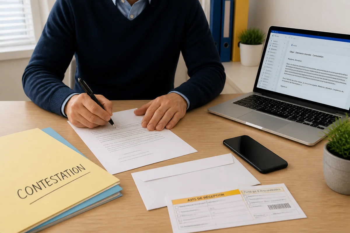 Salarié rédigeant une lettre de démission forcée par l’employeur, avec courrier recommandé et dossier de contestation sur bureau professionnel