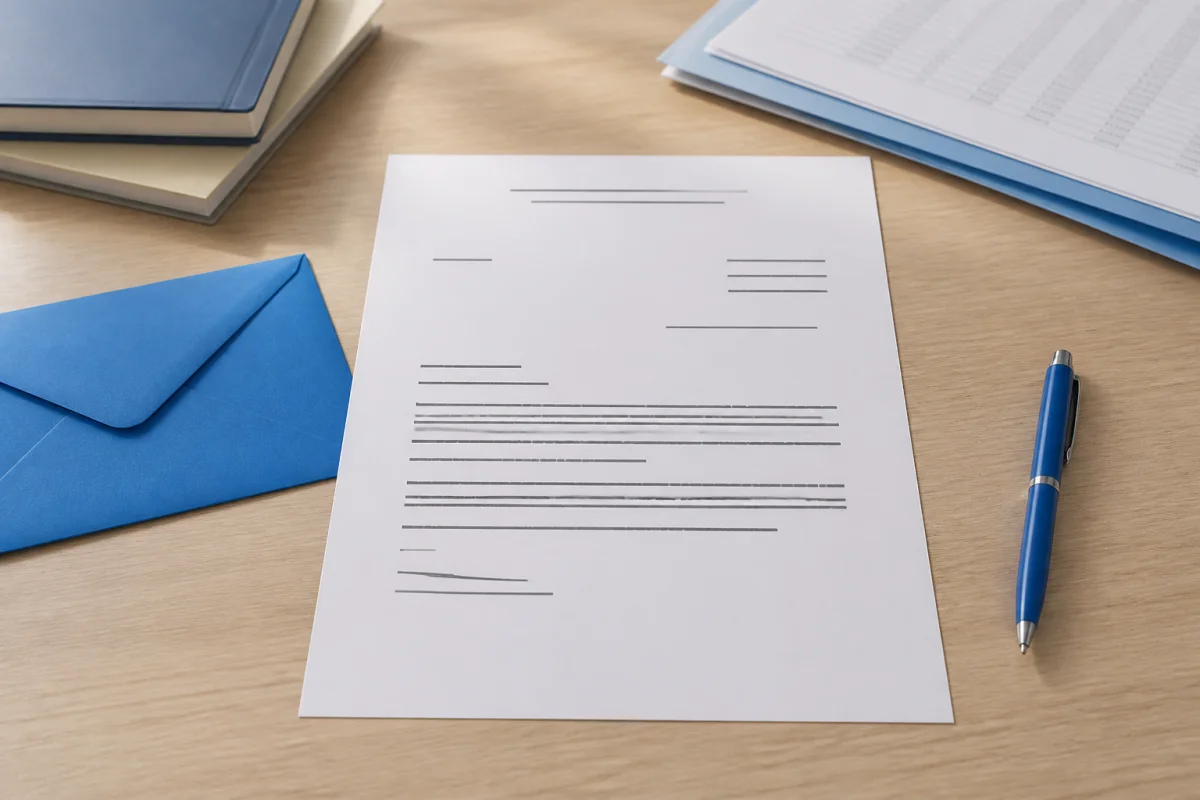 Lettre de démission du CSE imprimée sur un bureau professionnel avec enveloppe, stylo et documents administratifs