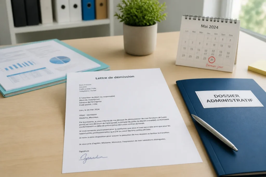 Lettre de démission pendant une disponibilité dans la fonction publique, avec stylo, dossier administratif et calendrier posé sur un bureau