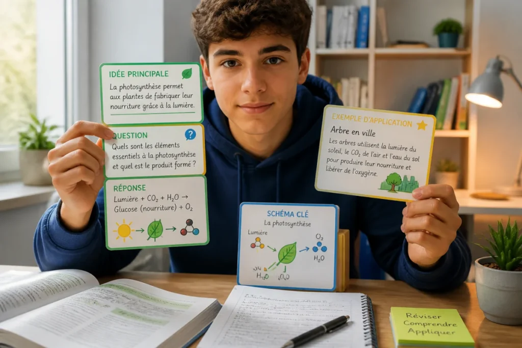 Étudiant concentré utilisant des fiches structurées, illustrant des méthodes d’apprentissage efficaces dans un bureau lumineux.