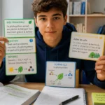 Étudiant concentré utilisant des fiches structurées, illustrant des méthodes d’apprentissage efficaces dans un bureau lumineux.