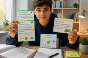 Étudiant concentré utilisant des fiches structurées, illustrant des méthodes d’apprentissage efficaces dans un bureau lumineux.