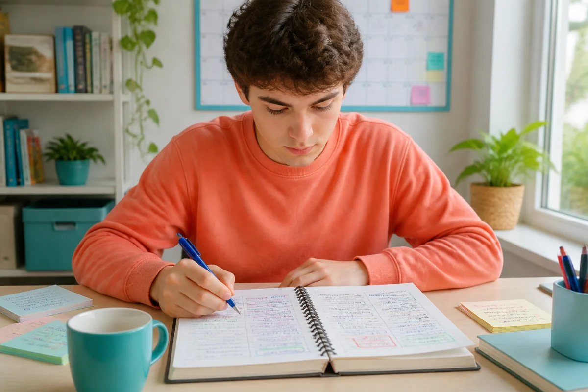 Étudiant annotant un carnet d’erreurs pour appliquer des méthodes d’apprentissage efficaces dans un bureau lumineux