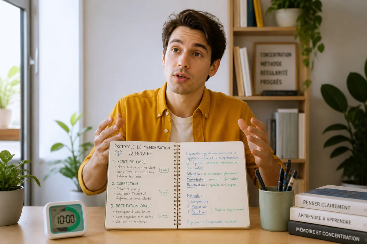 Étudiant adulte appliquant des méthodes pour mémoriser durablement, carnet ouvert, corrections colorées et minuteur réglé sur dix minutes.