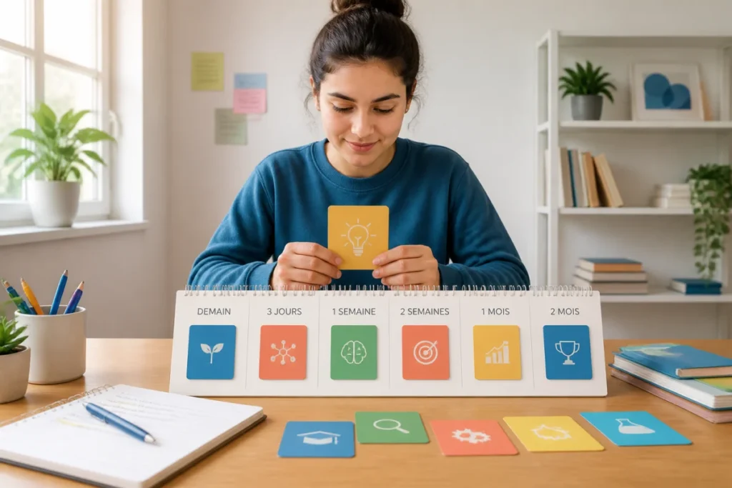 Étudiante consultant un calendrier de révision espacée avec des cartes mémoire pour appliquer des méthodes pour mémoriser durablement