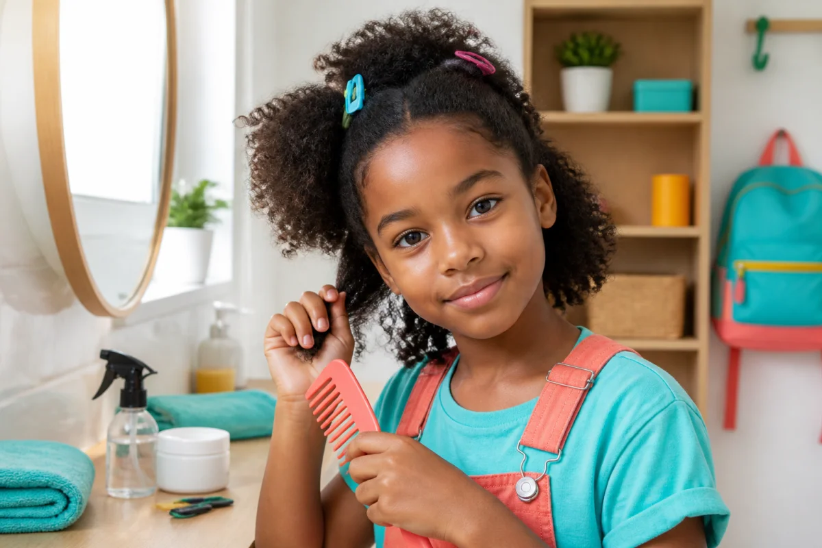 Écolière préparant ses cheveux bouclés avec un peigne, dans une salle de bain organisée pour la rentrée scolaire