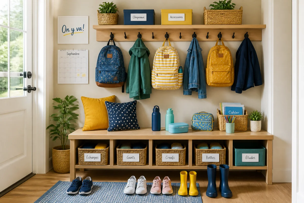 Entrée familiale organisée avec sacs à dos, fournitures scolaires et accessoires prêts pour une rentrée sans stress