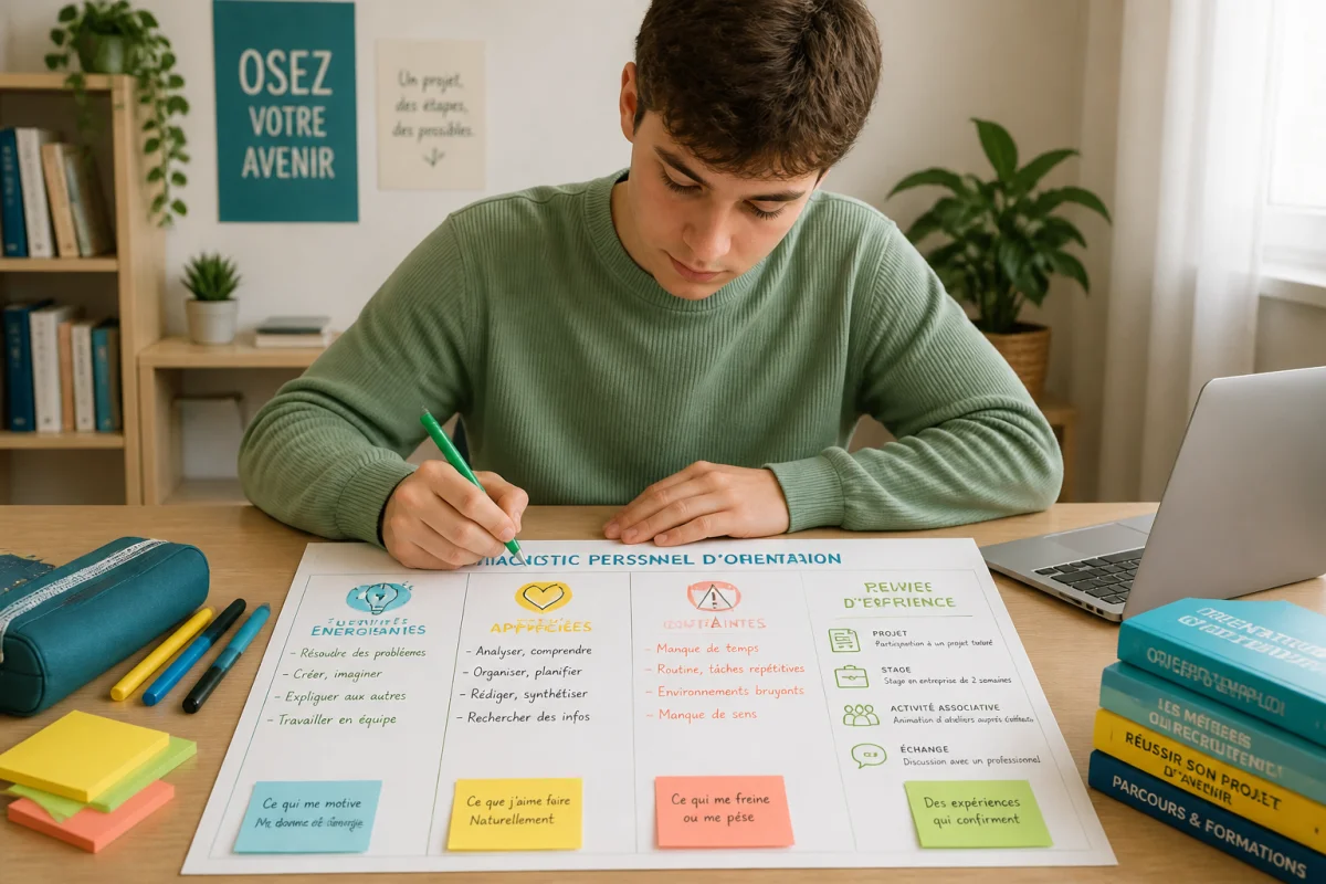 Lycéen rédigeant un diagnostic personnel pour clarifier son orientation post-bac sur une fiche organisée en quatre rubriques