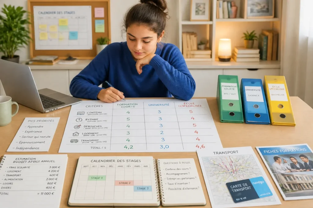 Étudiante comparant trois formations post-bac avec une grille d’évaluation des critères, coûts, transports et débouchés