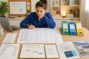 Étudiante comparant trois formations post-bac avec une grille d’évaluation des critères, coûts, transports et débouchés