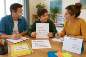 Collégien et famille préparant ensemble un plan d’orientation scolaire au collège autour d’une table lumineuse