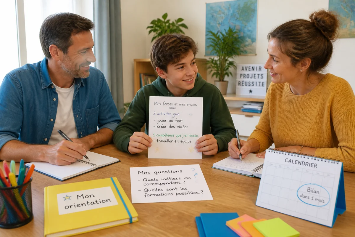 Collégien et famille préparant ensemble un plan d’orientation scolaire au collège autour d’une table lumineuse