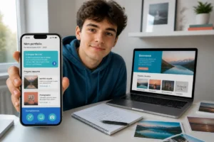 Étudiant présentant un portfolio en ligne pour un projet scolaire sur smartphone, avec interface claire et accessible