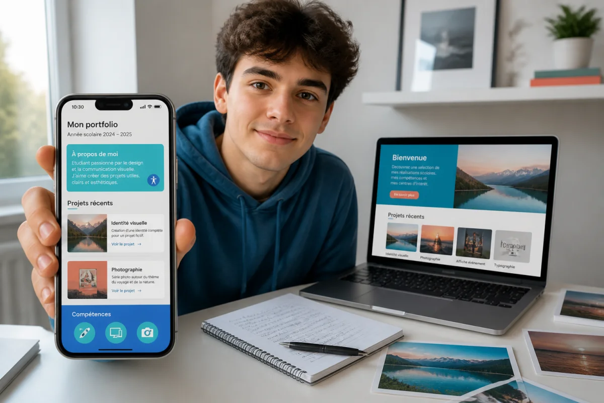 Étudiant présentant un portfolio en ligne pour un projet scolaire sur smartphone, avec interface claire et accessible