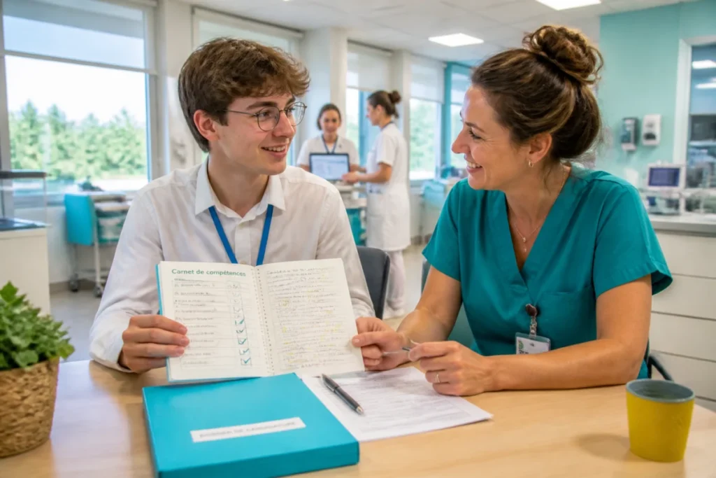 Jeune apprenant échangeant avec un encadrant autour d’un carnet de compétences en formation en alternance en santé