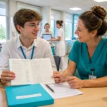 Jeune apprenant échangeant avec un encadrant autour d’un carnet de compétences en formation en alternance en santé