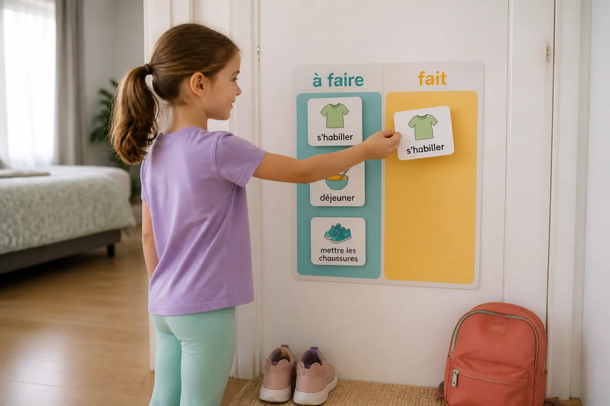 Enfant déplaçant une carte sur un planning visuel de routine du matin pour enfants, dans un couloir lumineux