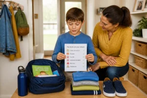 Enfant préparant calmement ses affaires avec un parent pour une routine du matin sans stress