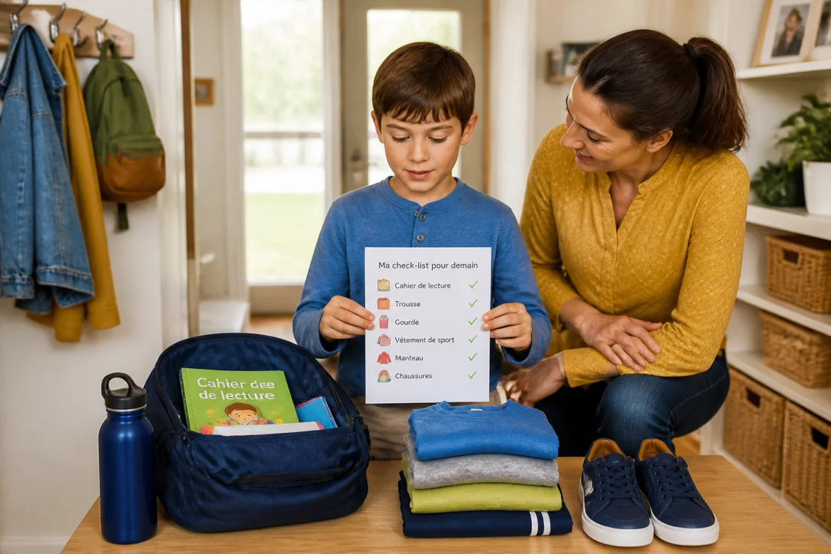 Enfant préparant calmement ses affaires avec un parent pour une routine du matin sans stress